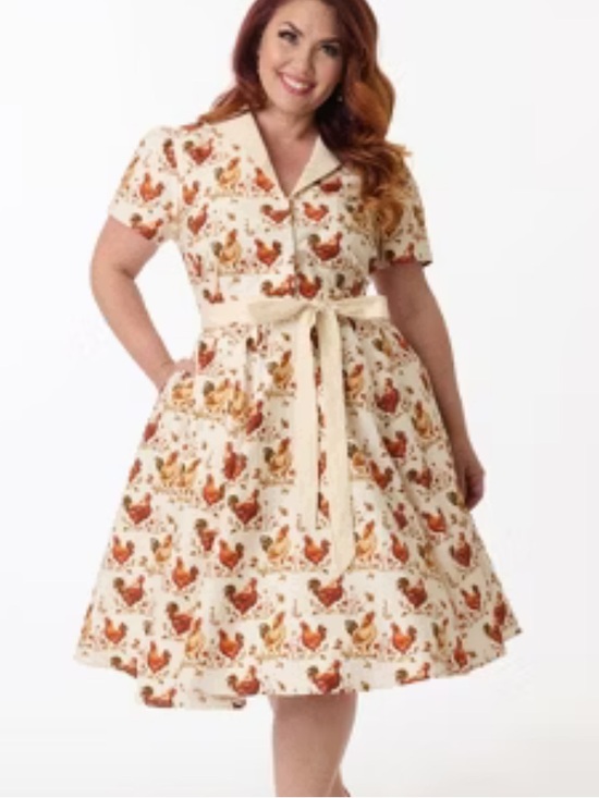 Unique Vintage Dresses & Skirts - NEW Unique vintage beige rooster print cotton dress size: M(6-8)